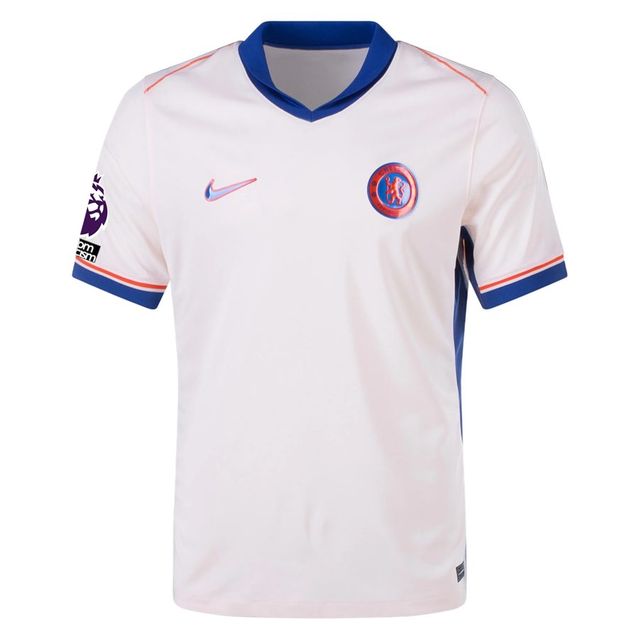 Nike Chelsea Enzo Fernandez Away Jersey w/ EPL + No Room For Racism Patches 24/25 (Guava Ice/Rush Blue)