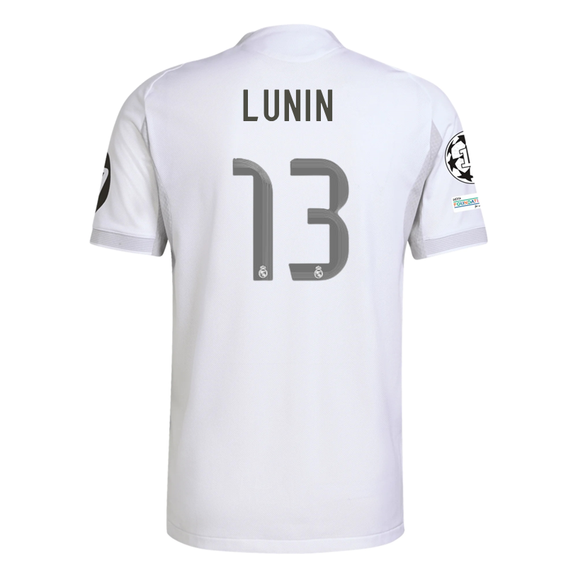 adidas Andriy Lunin Real Madrid 25/26 Home Jersey w/ Champions League Patches (White)