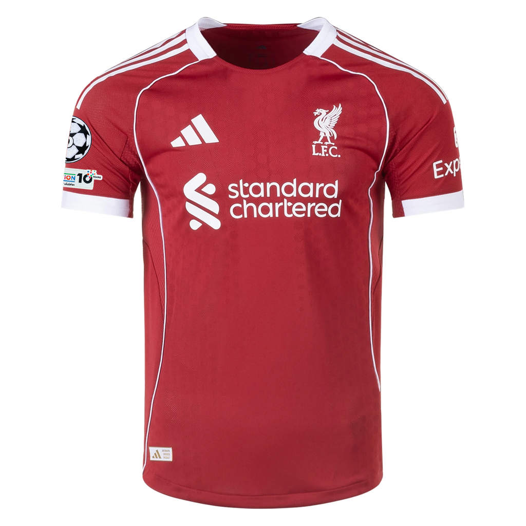 adidas Men's Liverpool FC Authentic Konate Home Jersey 25/26 w/ Champions League Patches (Strawberry Red)