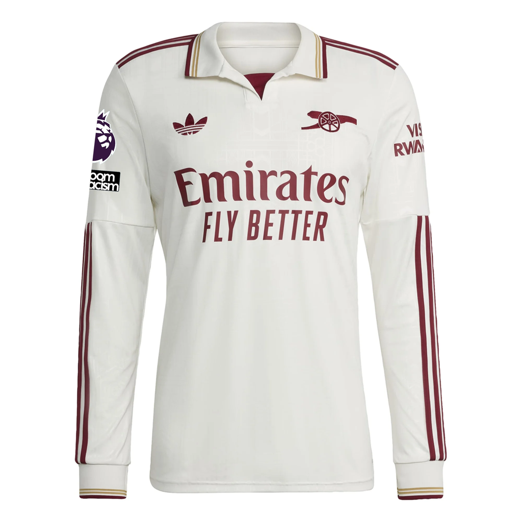 adidas Arsenal Martin Ã˜degaard Third Long Sleeve Jersey w/ EPL + No Room For Racism 25/26 (White/Burgundy)