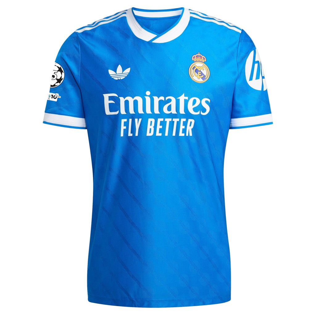 adidas Men's Alaba Real Madrid 25/26 Authentic Third Jersey w/ Champions League Patches (Blue)